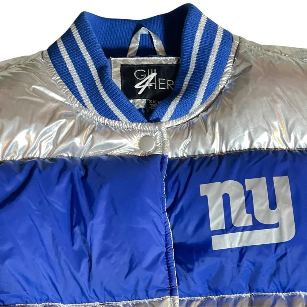 New York Giants Metallic Silver Blue Puffer‎ Bomber Jacket Small